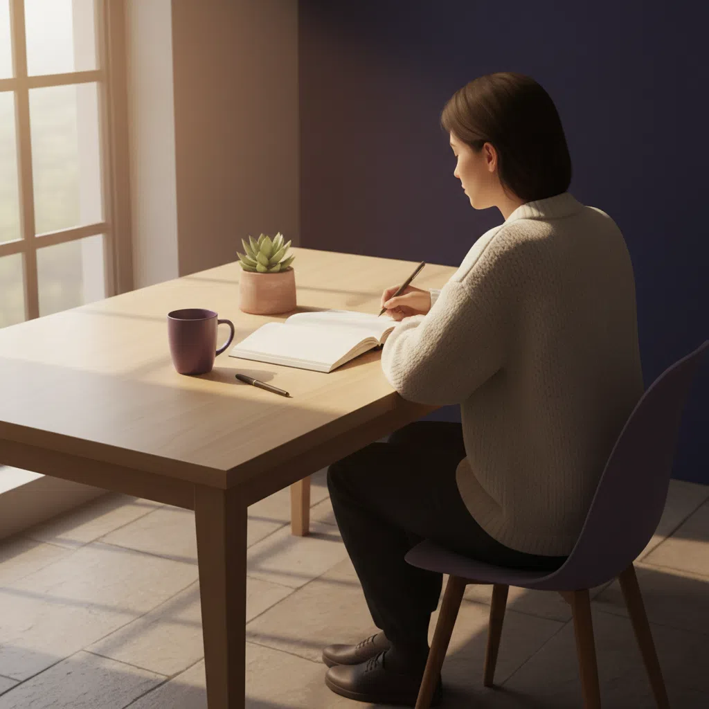 A person seated at a desk with an open notebook and a ceramic mug in warm natural light