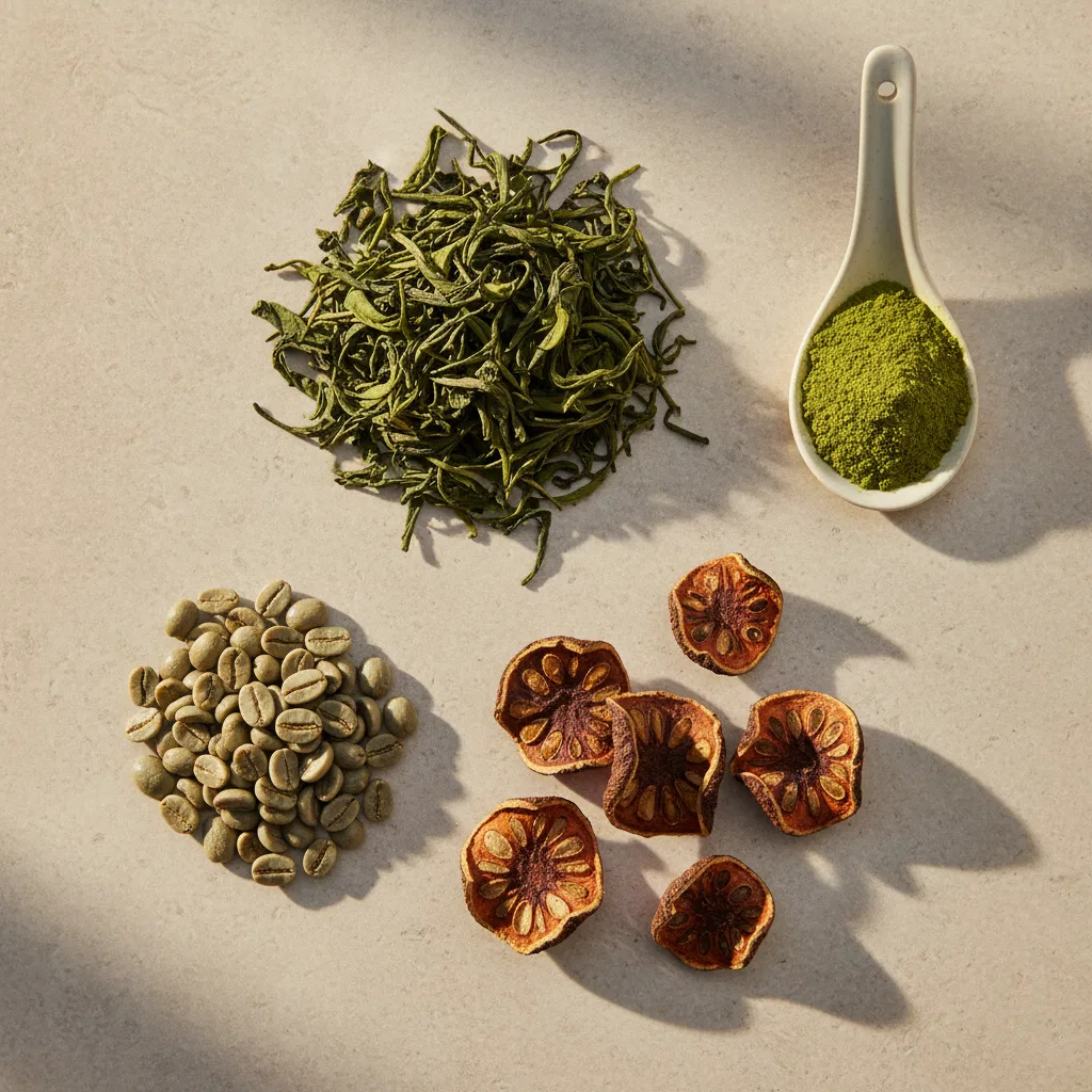 Flat-lay of green coffee beans, garcinia rind, loose-leaf green tea and matcha powder on a stone surface
